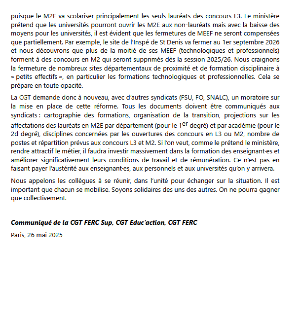🖊Communiqué de la CGT FERC Sup, CGT Educ’action, CGT FERC  Réforme de la formation des enseignant·es et des concours de recrutement : Il faut un moratoire !  La CGT est favorable à la mise en place de concours de recrutement en L3 mais la suite ici cgt.fercsup.net/IMG/pdf/2025_0…