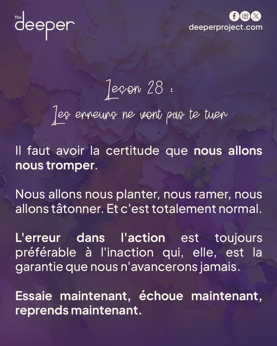 DeeperProject30's tweet photo. Leçon 28

Il vaut mieux tomber en marchant que rester figé(e) à vie.
L’action imparfaite vaut toujours mieux que l’inaction parfaite.
Essaie. Échoue. Relève-toi.
Tu ne le regretteras jamais.

#AllonsEnProfondeur #TheDeeper https://t.co/He39LxRxlg