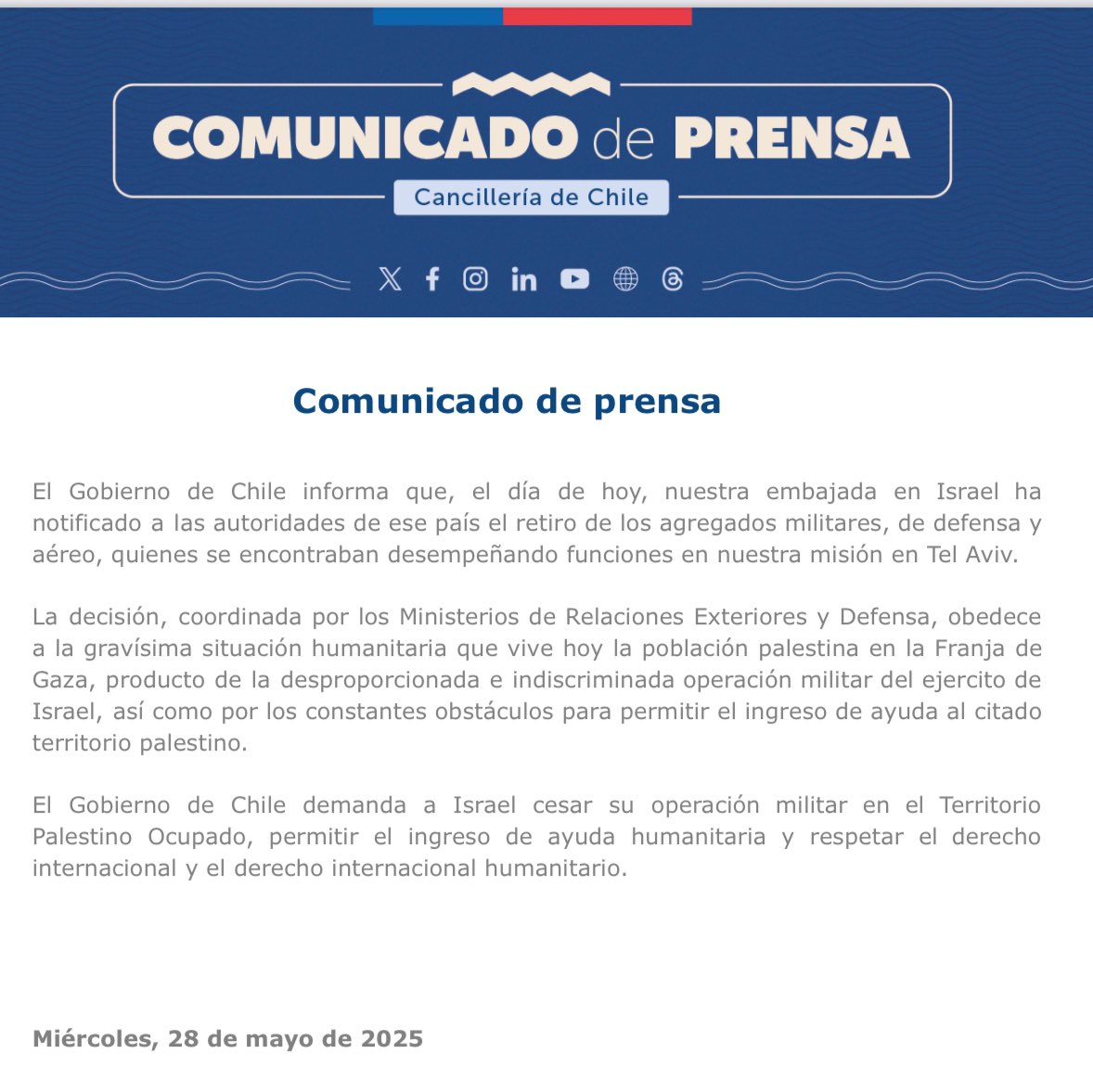 Importante decisión del <a href="/gobierno/">gobierno</a> retirar agregados militares, de defensa y
aéreo en misión en Tel Aviv frente a la sistemática violación de derechos humanos y masacre en #Gaza #palestinalibre es imperativo realizar acciones concretas ante el genocido.