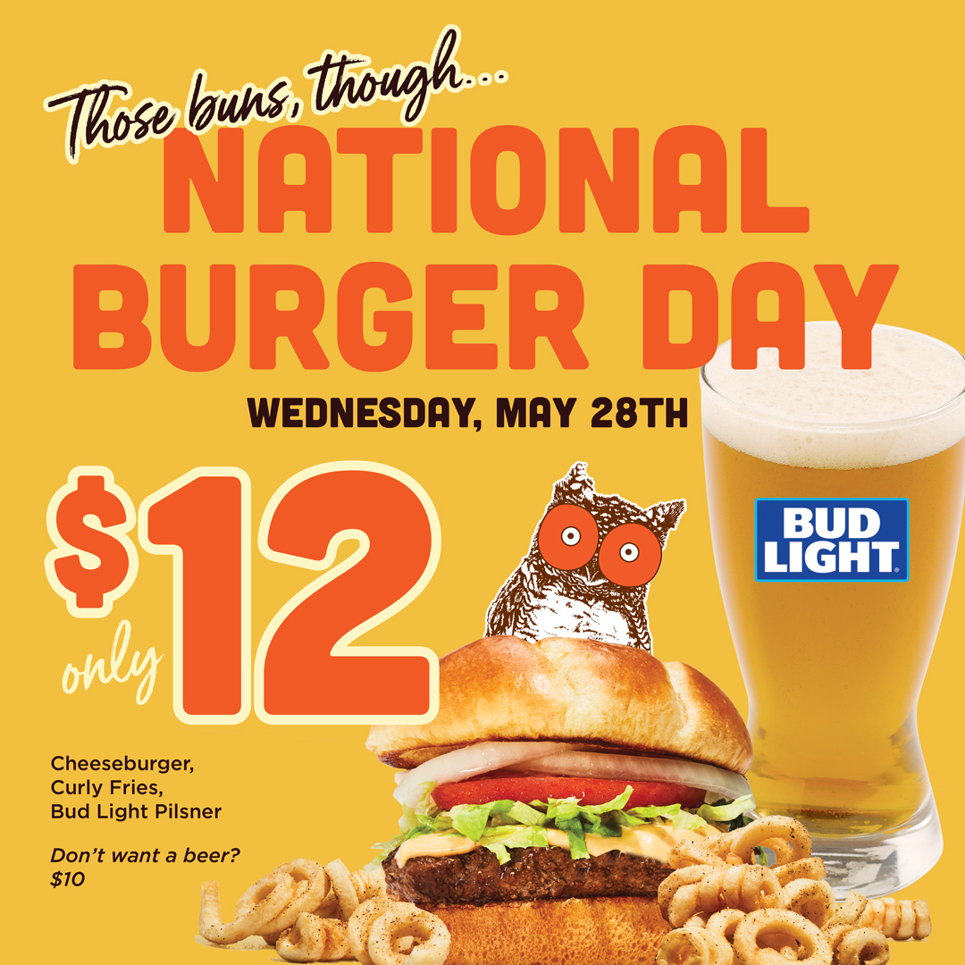 Those buns, though… 👀 It’s National Burger Day TODAY! Celebrate with a cheeseburger, curly fries, and a Bud Light Pilsner for just $12 🍔🍟🍺 Don’t want a beer? It’s only $10. Come get yours!