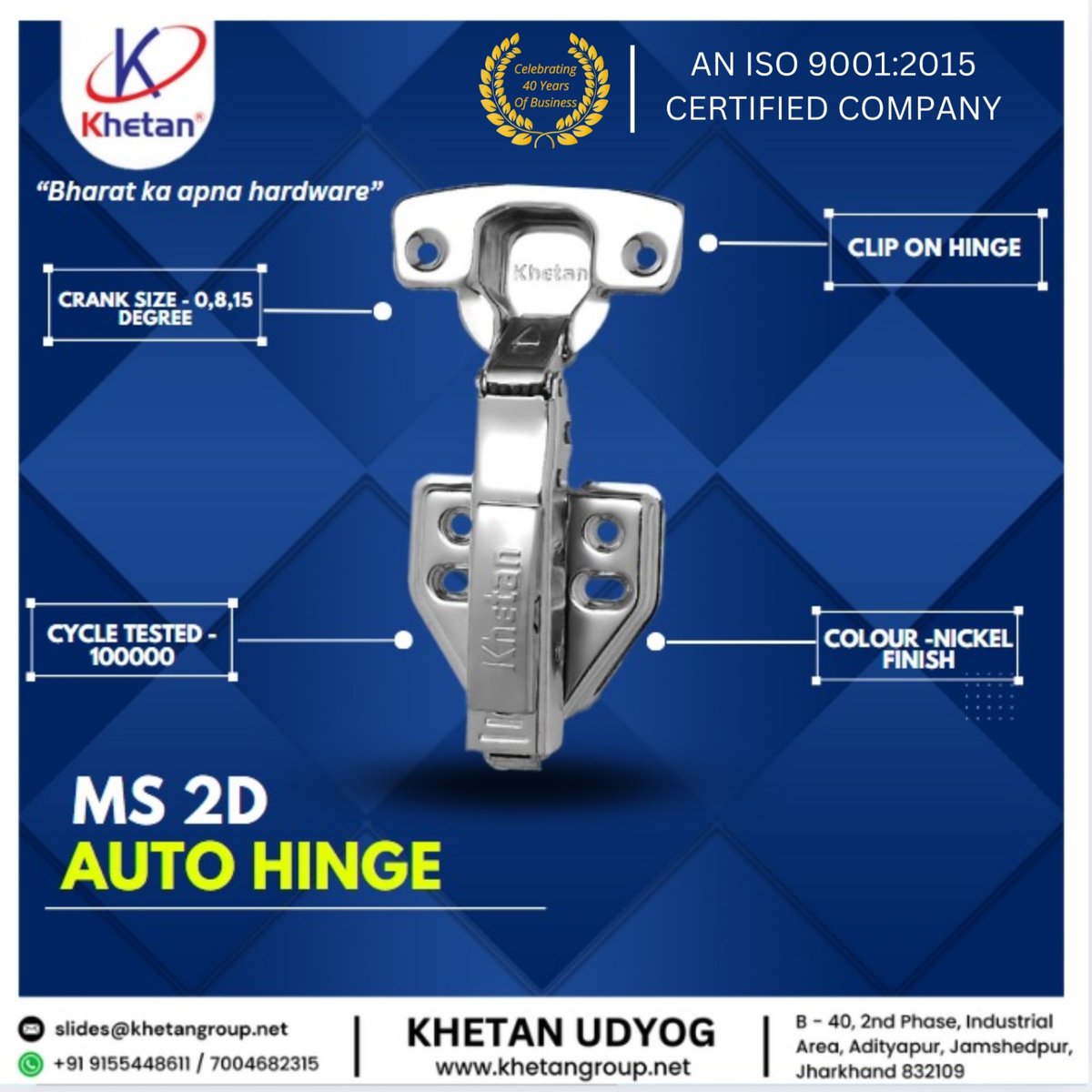 HardwareSamachr's tweet image. Looking for hinges that last?Meet the MS 2D Auto Hinge precision crafted in Jamshedpur by Khetan Udyog.
#Khetan #KhetanHardware #KhetanGroup #MS2DAutoHinge #KhetanUdyog #Jamshedpur #FurnitureHardware #ArchitecturalHardware #BuildingMaterials #Hardware #HardwareStore #DoorHardware