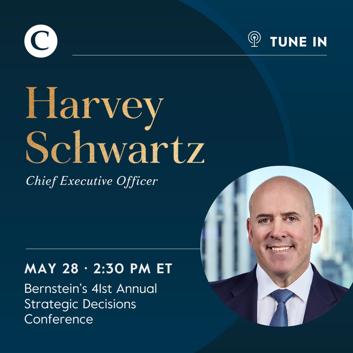 The Carlyle Group (@onecarlyle) on Twitter photo TUNE IN: $CG CEO Harvey Schwartz will present at Bernstein’s 41st Annual Strategic Decisions Conference today, Wednesday, May 28. Join the webcast here: spr.ly/6015NFvYB TUNE IN: $CG CEO Harvey Schwartz will present at Bernstein’s 41st Annual Strategic Decisions Conference today, Wednesday, May 28. Join the webcast here: spr.ly/6015NFvYB