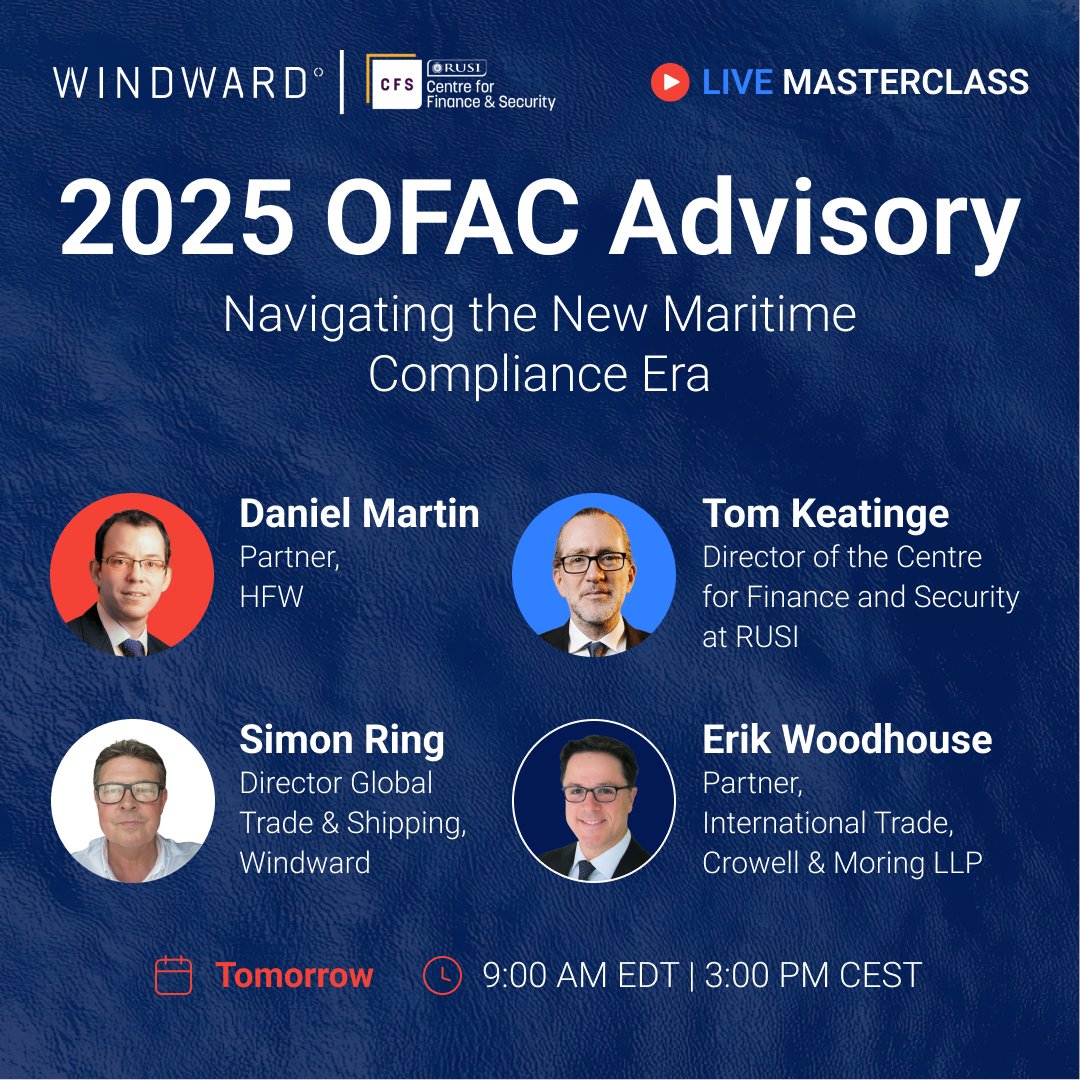OFAC’s new maritime sanctions advisory is reshaping compliance, from fleet behavior to insurer liability.

Join <a href="/RUSI_org/">RUSI</a>, <a href="/hfw_law/">HFW</a>, <a href="/Crowell_Moring/">Crowell & Moring</a> &amp; Windward for a masterclass on what’s changed &amp; how to move forward with confidence.

Register now ➡️ hubs.la/Q03prHjm0