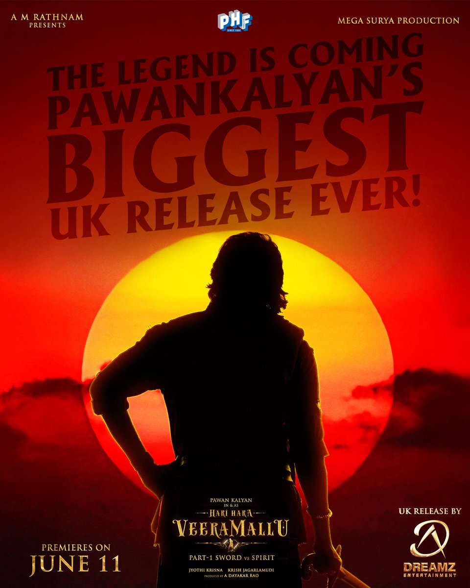 DreamZ Entertainment UK (@teamdreamze) on Twitter photo THE LEGEND IS COMING 🔥🇬🇧
Pawan Kalyan’s BIGGEST UK Release Ever! 🌟
Bookings Open Very SOON! ⏰
Get Ready! 🎥
#HariHaraVeeraMallu
Premieres on June 11th! 📆
#HHVM <a href="/PawanKalyan/">Pawan Kalyan</a> <a href="/AgerwalNidhhi/">Nidhhi Agerwal 🌟 Panchami</a> <a href="/AMRathnamOfl/">AM Rathnam</a> <a href="/amjothikrishna/">jyothi krisna</a> <a href="/mmkeeravaani/">mmkeeravaani</a> <a href="/MegaSuryaProd/">Mega Surya Production</a> <a href="/HHVMFilm/">Hari Hara Veera Mallu</a> THE LEGEND IS COMING 🔥🇬🇧
Pawan Kalyan’s BIGGEST UK Release Ever! 🌟
Bookings Open Very SOON! ⏰
Get Ready! 🎥
#HariHaraVeeraMallu
Premieres on June 11th! 📆
#HHVM <a href="/PawanKalyan/">Pawan Kalyan</a> <a href="/AgerwalNidhhi/">Nidhhi Agerwal 🌟 Panchami</a> <a href="/AMRathnamOfl/">AM Rathnam</a> <a href="/amjothikrishna/">jyothi krisna</a> <a href="/mmkeeravaani/">mmkeeravaani</a> <a href="/MegaSuryaProd/">Mega Surya Production</a> <a href="/HHVMFilm/">Hari Hara Veera Mallu</a>