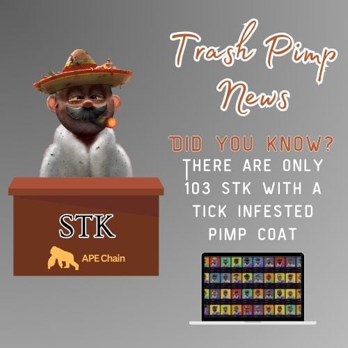 #TrashPimpNews There are 1 Pimp Coats listed starting at 274.000 APE in the STK collection. x.com/STKnfts #STKnfts 
Polled at 2025-05-28 07:42:25ET