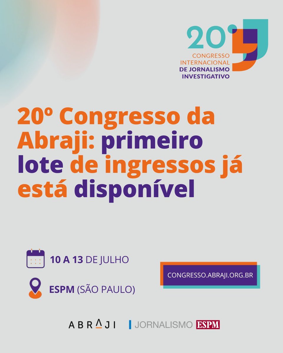 🌟 Quer participar do 20º Congresso Internacional de Jornalismo Investigativo da <a href="/abraji/">Abraji</a>? O 1º lote de ingressos está prestes a se esgotar, garanta já a sua vaga!

O evento acontece de 10 a 13 de julho, em São Paulo, na <a href="/espm/">ESPM</a>.

Saiba mais e inscreva-se: twp.ai/9PSBov