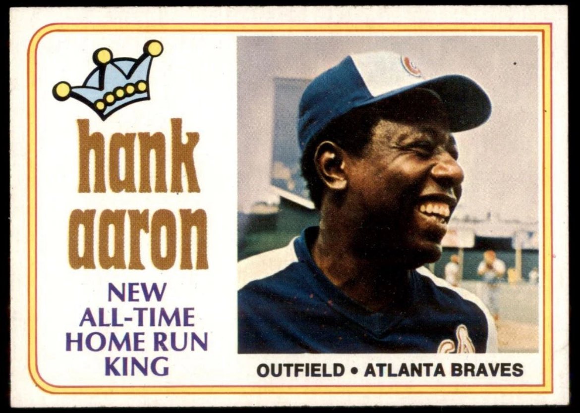 CardboardHistry's tweet photo. I’m pretty sure if Hank Aaron had suffered a career ending injury to start the ‘74 season before hitting #715, none of us would have ever heard of the #SIjinx as #Topps would have owned the jinx leaderboard in perpetuity! 😬 #BoldMove https://t.co/lvM9em8o0X