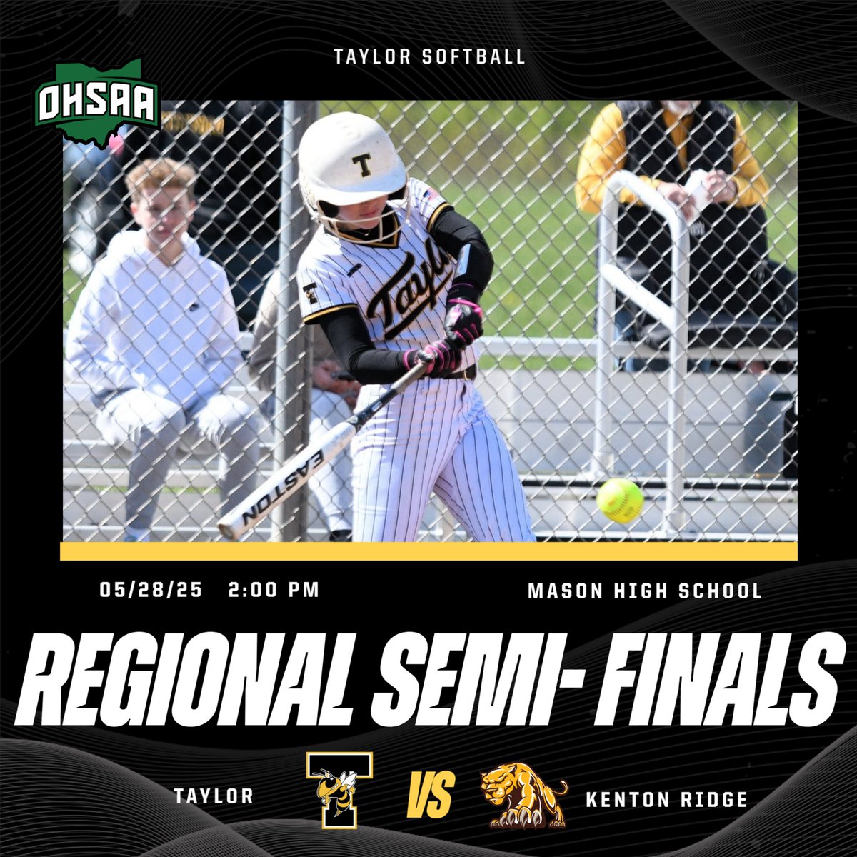 It's Game Day! The State Regional Semi-Finals are today at Mason High School, with the first pitch at 2:00 p.m. Let's go ladies!

Tickets must be purchased for the game either at the gate or online at ohsaa.org/tickets
