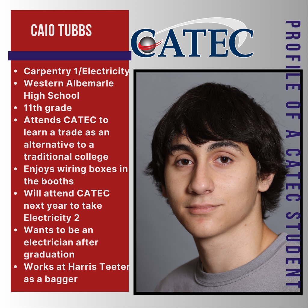 CATEC (@catechs) on Twitter photo Wrapping up our series, we're highlighting our Carpentry/Electricity 1 student from WAHS, 11th grader Caio Tubbs. Caio took these classes as a pathway to a career without college. He is returning next year to Electricity 2. Congrats! <a href="/k12albemarle/">AlbemarleCountySchls</a> @albemarlecountypublicschools Wrapping up our series, we're highlighting our Carpentry/Electricity 1 student from WAHS, 11th grader Caio Tubbs. Caio took these classes as a pathway to a career without college. He is returning next year to Electricity 2. Congrats! <a href="/k12albemarle/">AlbemarleCountySchls</a> @albemarlecountypublicschools