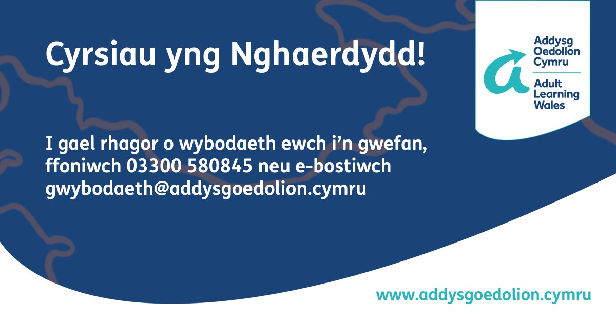 Cliciwch yma i weld ein cyrsiau cyfredol sydd ar gael yng Nghaerdydd: ow.ly/HYGC50RCS7v

#addysgoedolioncymru #cymru #Nghaerdydd #cyrsiauoedolion #addysgoedolion
