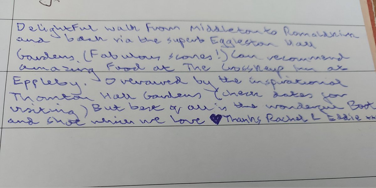 lovely comment in Visitors' Book #BootandShoeCottage #ThorntonHallGardens #EgglestonHallGardens #CrossKeysEppleby #holidaycottage #selfcatering #shortbreaks #gardens #Teesdale #holidays