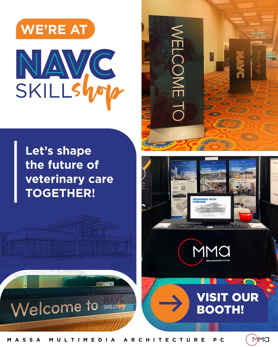 MMAarchitecture's tweet image. We’re here at NAVC Skillshop! 🐾

From welcoming lobbies to efficient exam rooms, every square foot matters.

Come visit our booth and see how we’re building spaces that care. 

#MMAatNAVC #EverySquareFootMatters #DesignForCare