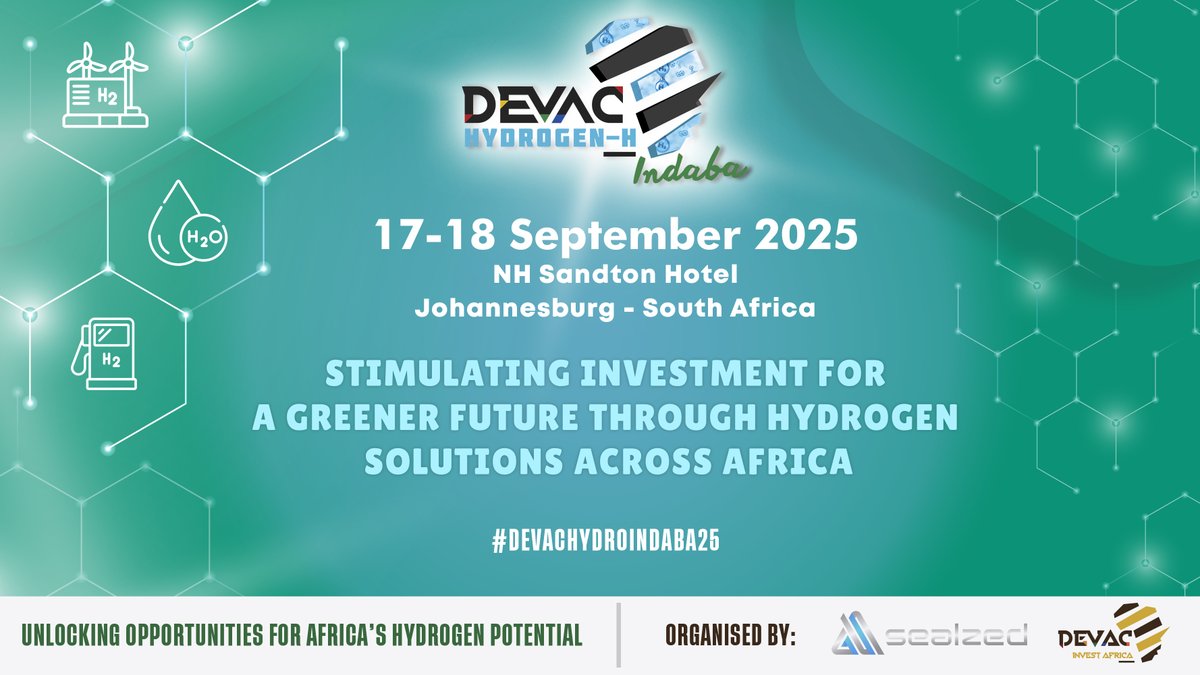 DevacInvest's tweet photo. The countdown has officially begun for the 2025 edition of the #DEVAC #HYDROGEN-H #INDABA, taking place on 17 - 18 September 2025 at the NH Sandton Hotel in Johannesburg - South Africa. https://t.co/LoiEklQlZ5
