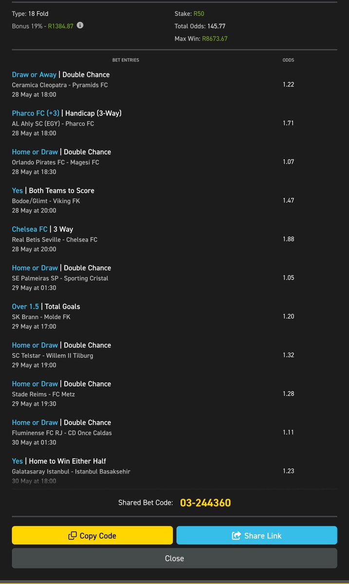 Royal (@rkhunene) on Twitter photo 145 Odds …<a href="/Easybet_SA/">Easybet South Africa</a> ⚽
🟡Betcode👉 03-244360
Kick-Off:19:00
🟡Copy betslip 👉
easybet.co.za/share-a-bet 03-244360
Not yet on Easybet?
Sign up using my promo code ROYAL to get a R50 Sign-Up Bonus + 25 Bonus Spins 👉 ebpartners.click/o/HwAwoR
T&Cs Apply. 18+ Only
#YellowArmy 145 Odds …<a href="/Easybet_SA/">Easybet South Africa</a> ⚽
🟡Betcode👉 03-244360
Kick-Off:19:00
🟡Copy betslip 👉
easybet.co.za/share-a-bet 03-244360
Not yet on Easybet?
Sign up using my promo code ROYAL to get a R50 Sign-Up Bonus + 25 Bonus Spins 👉 ebpartners.click/o/HwAwoR
T&Cs Apply. 18+ Only
#YellowArmy