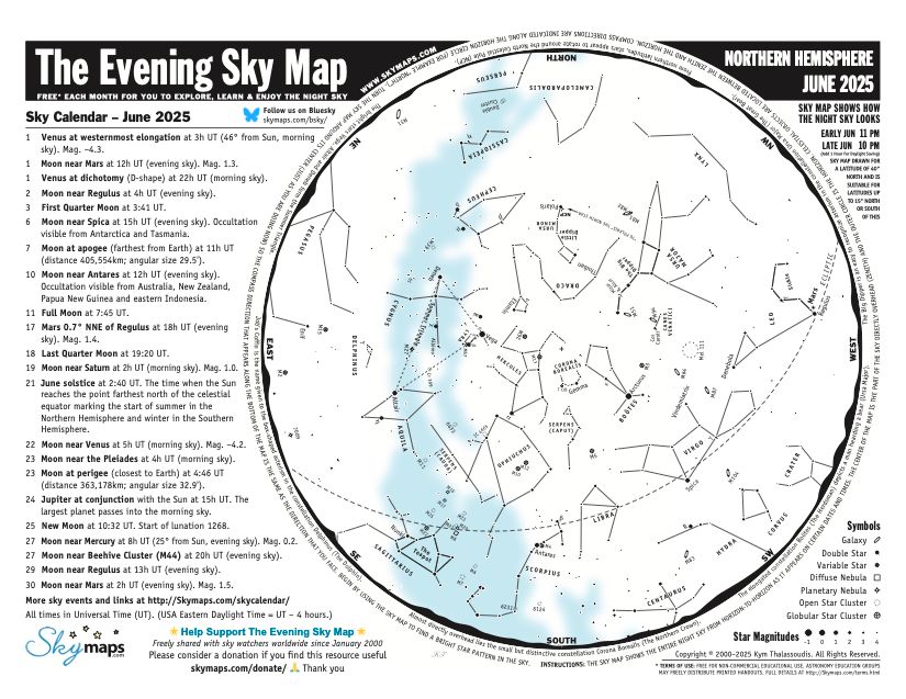 🌟 The June 2025 edition of The Evening Sky Map is now available for download at skymaps.com/tesm/. The PDF includes a Sky Calendar and user-friendly sky maps for the northern &amp; southern hemispheres, and for equatorial regions. Please share, and enjoy exploring the