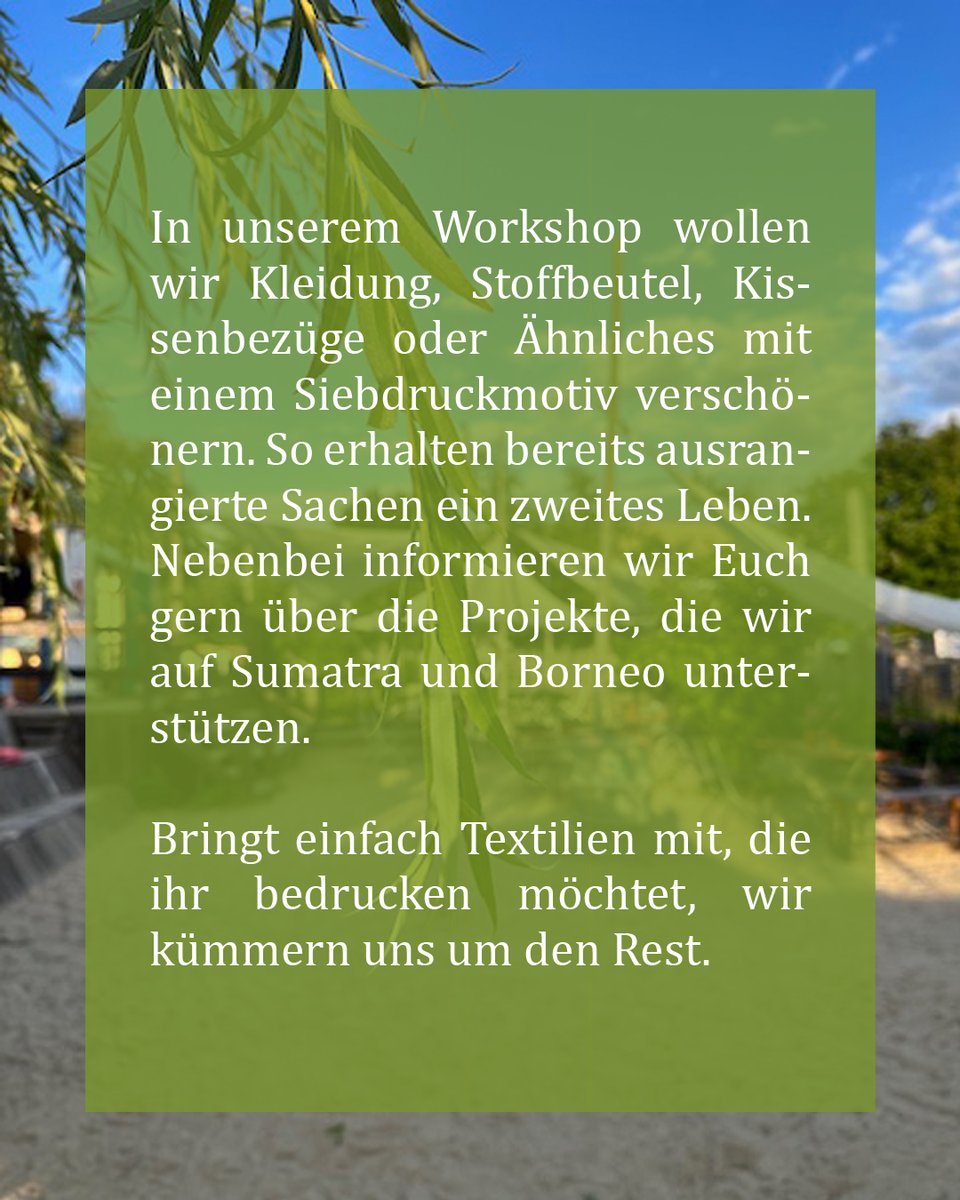 OrangUtansInNot's tweet image. Wie können wir die #Regenwälder schützen und verantwortungsvoll mit unseren Ressourcen umgehen? In unserem #Workshop wollen wir Textilien mit einem #Siebdruckmotiv verschönern und ihnen so ein zweites Leben einhauchen. Besucht uns am 11.06. im Heiter bis Wolkig in #Leipzig.