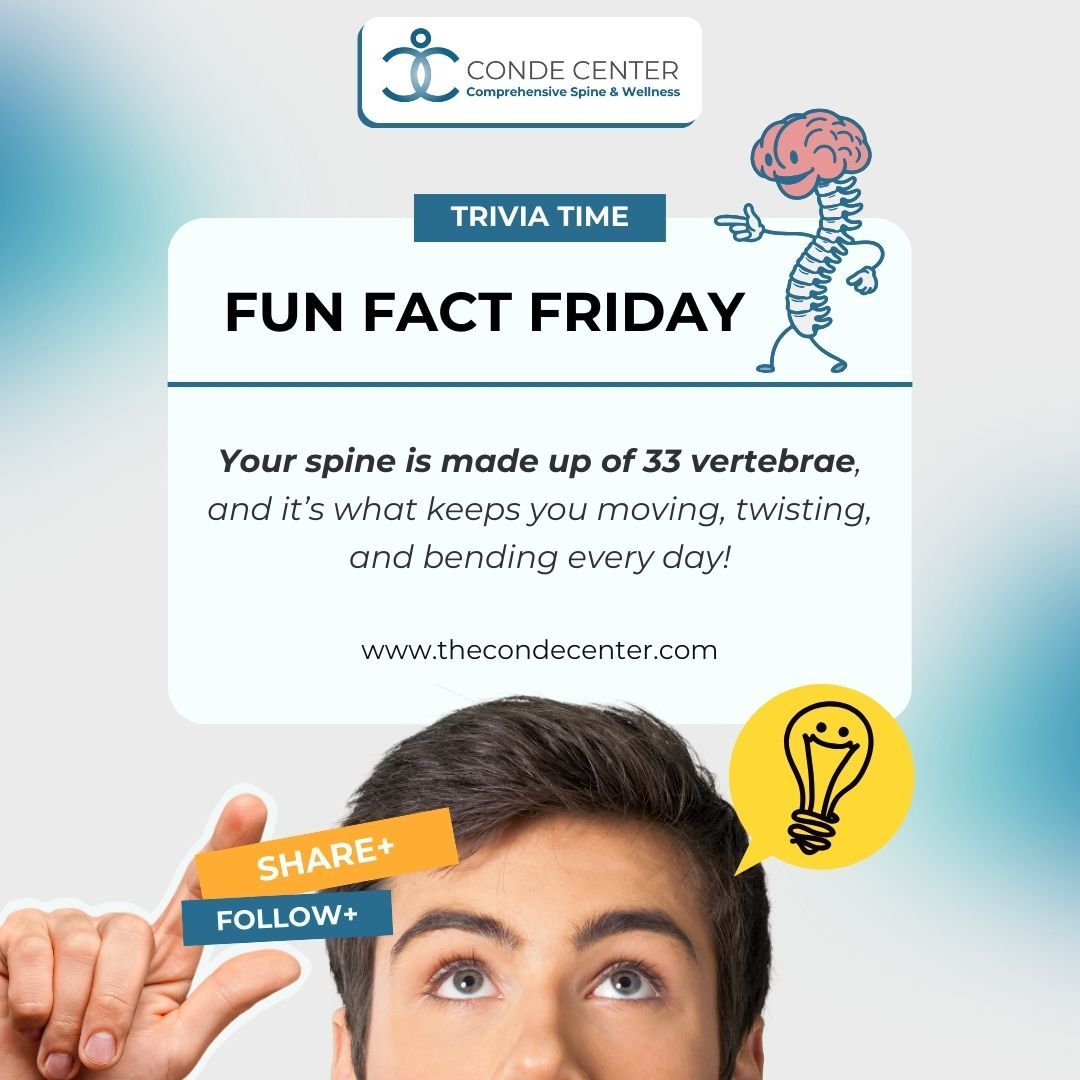 thecondecenter's tweet image. 💡 Fun Fact Friday: Your spine is made up of 33 vertebrae, and it’s what keeps you moving, twisting, and bending every day! Take care of your spine—it’s your body’s foundation. Need help? We’ve got your back (literally)!

#FunFactFriday #SpineFacts #HealthySpine #ChiropracticTips