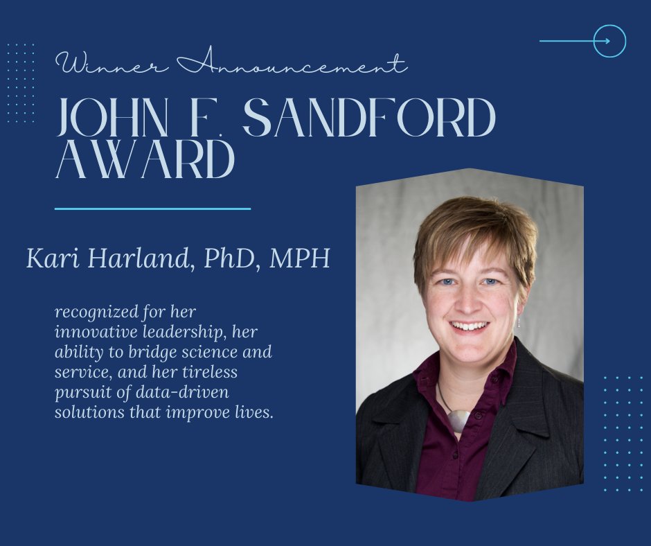 Congratulations to Kari Harland, PhD, MPH, recipient of the John F. Sanford award! Her outstanding contributions to public health research and mentorship continue to inspire the next generation of health professionals across Iowa. #IMSAwards