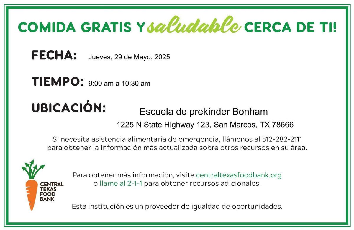 📢 SMCISD Child Nutrition + Central Texas Food Bank = Community Support! 🥦🍞

We’re excited to team up with the Central Texas Food Bank to host a free, market-style food distribution for our San Marcos families! 💚

📍 Location: Bonham Pre-K, San Marcos CISD
📅 Date: Thursday,