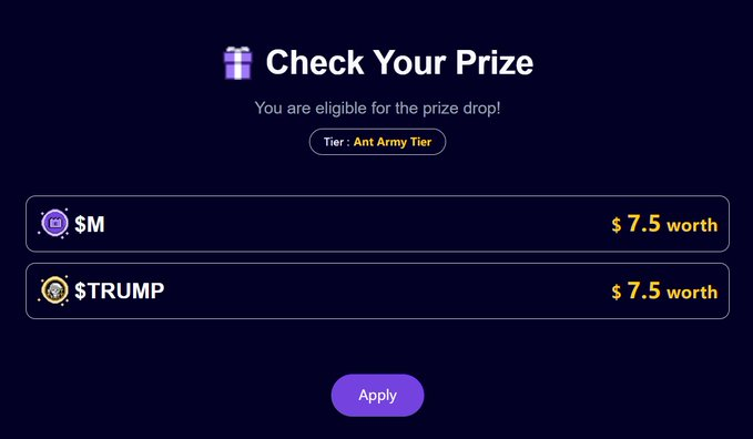 都去查一下这个头像生成项目，好像
<a href="/MemeCore_ORG/">MemeCore</a>
目前在$TRUMP排行榜稳居第二，似乎马上也要TGE了   可以都去查下空投，我自己只查到7.5！查询入口：meco-leaderboard.memecore.com/check/apply  注意一下！
如果想要想要顺利领取奖励，还需在推特上发帖支持$M上市。

比如像这样： “MemeCore