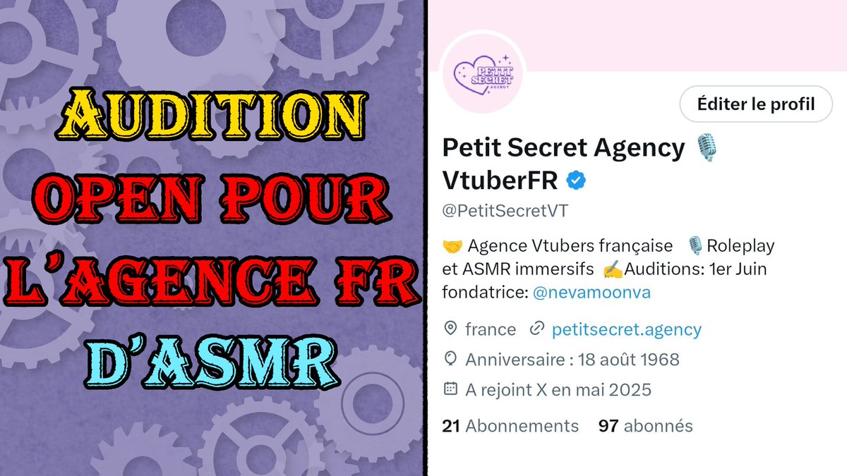 📰 Alice Asimov | Vtuber Journalist 📰 (@alice_asimov) on Twitter photo #vtuber #vtuberfr #news
La vtubeuse <a href="/NevaMoonVA/">NEVA MOON 🌙💤 | Petit Secret Agency</a> lance sa propre agence de vtubing basé sur l'ASMR et le roleplay.
Les audition ont lieux le 1er Juin et on va regarder ensemble ce qu'il en est.
youtu.be/7WoL7qN032Q
❤️Bisous tout doux❤️ #vtuber #vtuberfr #news
La vtubeuse <a href="/NevaMoonVA/">NEVA MOON 🌙💤 | Petit Secret Agency</a> lance sa propre agence de vtubing basé sur l'ASMR et le roleplay.
Les audition ont lieux le 1er Juin et on va regarder ensemble ce qu'il en est.
youtu.be/7WoL7qN032Q
❤️Bisous tout doux❤️