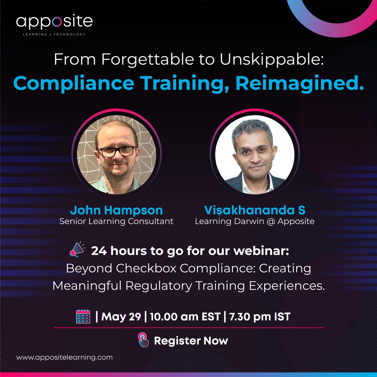 AppositeSol's tweet image. 29th May | 10 am EST | 7: 30 pm IST

Just 24 hours to go. Register Now: lnkd.in/gmdxaQuG

#Webinar #appositelearningsolutions #RegisterNow
