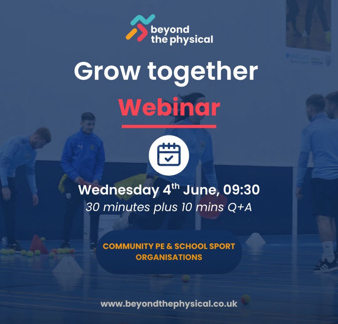 Join our Grow Together Webinar – made for those leading in Primary School PE &amp; Sport organisations.

🗓️ Wed 4 June
⏰ 09:30 AM (UK)
💻 Free &amp; Online

👉 Book your place: beyondthephysical.co.uk/cco

#PrimaryPE #SchoolSport #PEProviders #CPD