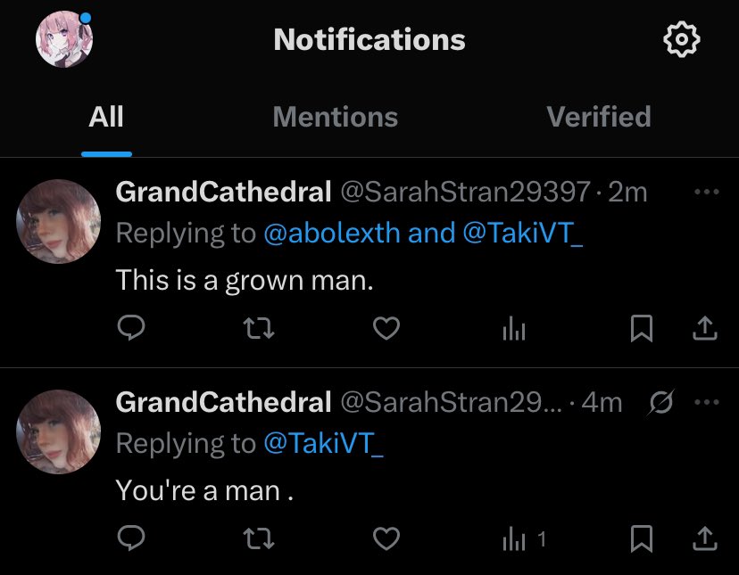 Yearly transphobe GrandCathedral replying to my posts because she has nothing else to do.