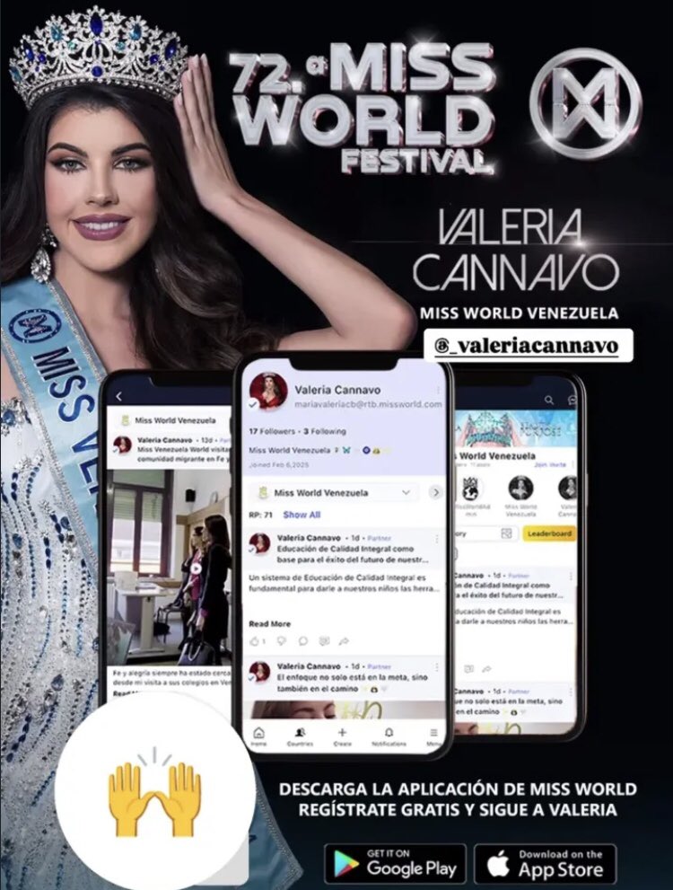 ¿Estás cansado de la pegamentazón masiva en Miss Mundo?

Ha llegado la hora de que el pueblo unido diga: BASTA.

No permitas que desde Londres dobleguen tu espíritu.

Descarga la aplicación, sigue el perfil de Miss Venezuela World y vota.

VOTA POR UN CAMBIO.

VOTA MARÍA VALERIA.