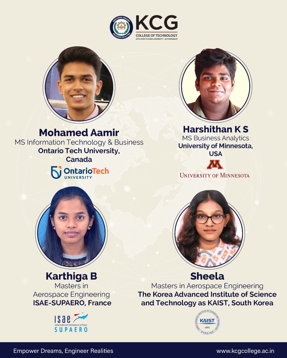 KCGtechnology's tweet image. We are delighted to share that several of our brilliant students have secured admission into prestigious postgraduate programs at renowned universities across the globe. (1/3) 
#KCGcollege #mastersprogram #postgraduateprogram #postgraduatestudies #ms #masters #mastersstudent