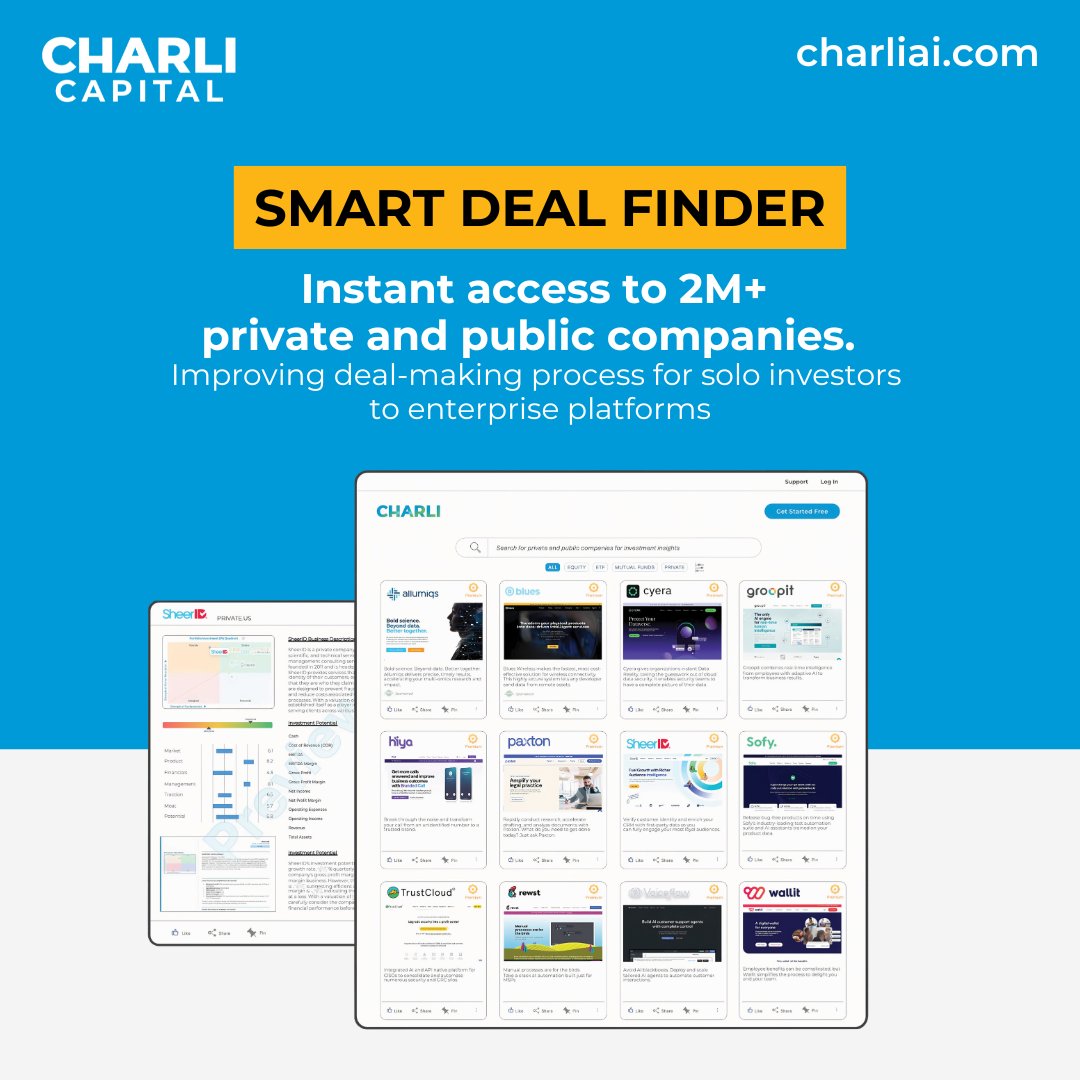 charliai's tweet photo. Meet Smart Deal Finder - Gives instant access to 2M+ private and public companies. From solo investors to enterprise platforms, Smart Deal Finder brings clarity and confidence to every stage of the deal-making process. News Release: https://t.co/vkWwfXmMO1 https://t.co/gPvT2FSE2v