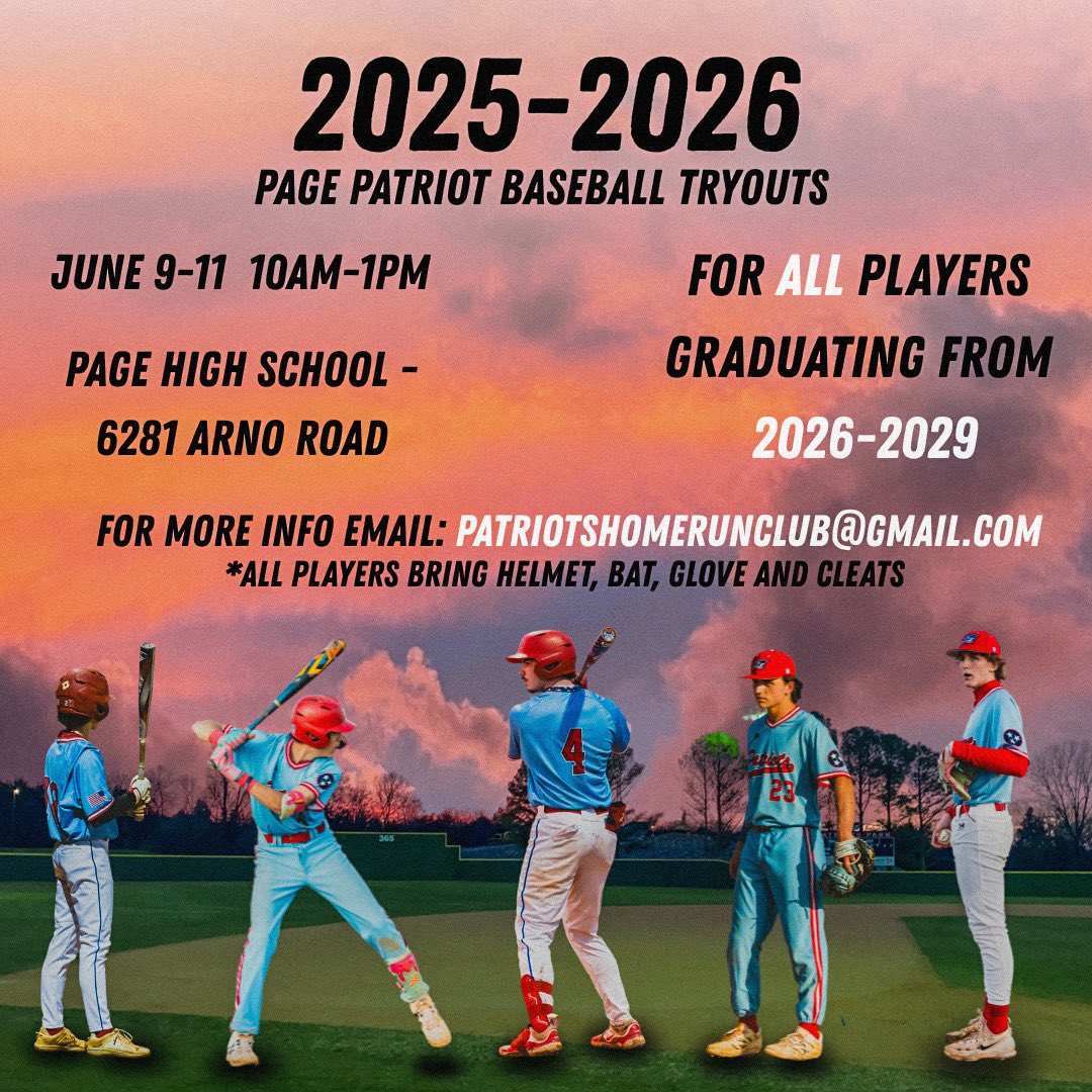 2025-2026 Page Patriots Baseball Tryouts are this June 9-11 from 10am to 1pm each day. We’re looking for ball players who are graduating between 2026-2029. #pagepatriots #pagebaseball #collegegrove #franklintn