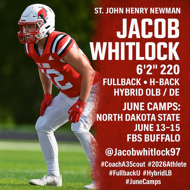 Coach Anzevino (@coacha35) on Twitter photo π¨2026 ATH ALERTπ¨
Jacob Whitlock out of Ontario is BUILT DIFFERENT.
<a href="/Jacobwhitlock97/">Jacob Whitlock</a>
πΊ 6β2β 220 | FB β’ H-Back β’ OLB/DE
πΊ All-Ontario + City All-Star
πΊ Versatile, Physical, Violent
πΊ St. John Henry Newman
π June Camps:
North Dakota State | June 13β15
FBS Buffalo + π¨2026 ATH ALERTπ¨
Jacob Whitlock out of Ontario is BUILT DIFFERENT.
<a href="/Jacobwhitlock97/">Jacob Whitlock</a>
πΊ 6β2β 220 | FB β’ H-Back β’ OLB/DE
πΊ All-Ontario + City All-Star
πΊ Versatile, Physical, Violent
πΊ St. John Henry Newman
π June Camps:
North Dakota State | June 13β15
FBS Buffalo +