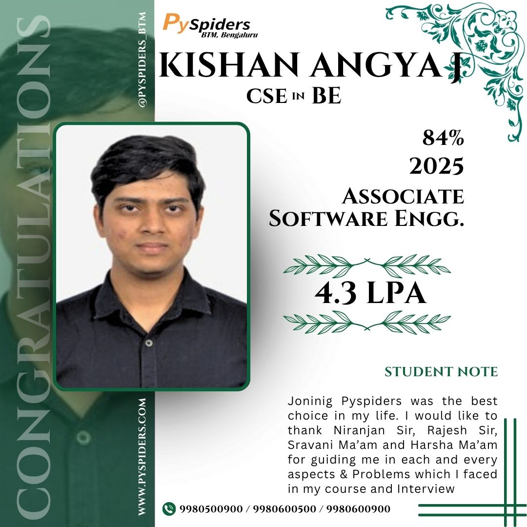 QSpiders_BTM_'s tweet photo. Congratulations to Kishan Angya J from T John Institute of Technology, Bangalore (B.E – CSE, YOP 2025) on getting placed as an Associate Software Engineer with an impressive package of 4.3 LPA! Your hard work and dedication have truly paid off. https://t.co/IHLA6D2w98