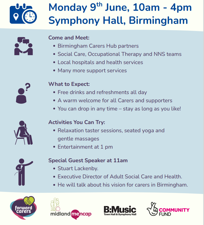 BCHC Staff Carers network (@bchcstaffcarers) on Twitter photo Carer's Week Marketplace Event
Forward Carers
Monday 9th June 10 am - 4 pm
Symphony Hall, Birmingham
Staff and patients welcome.
<a href="/bhamcommunity/">@bhamcommunity</a> <a href="/BchcEquality/">Equality Team BCHC</a>
For further information go to: forwardcarers.org.uk Carer's Week Marketplace Event
Forward Carers
Monday 9th June 10 am - 4 pm
Symphony Hall, Birmingham
Staff and patients welcome.
<a href="/bhamcommunity/">@bhamcommunity</a> <a href="/BchcEquality/">Equality Team BCHC</a>
For further information go to: forwardcarers.org.uk