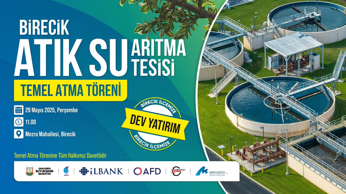 Açılışa Davet

Birecik Atık Su Arıtma Tesisi Temel Atma Töreni 

Hayata geçirilecek Birecik Atık Su Arıtma Tesisi, 17 milyon 370 bin Avro yatırım bedeliyle 51 bin metrekarelik alanda inşa edilecek olup, günlük 18 bin 360 metreküp atık su arıtma kapasitesiyle bölgenin çevresel