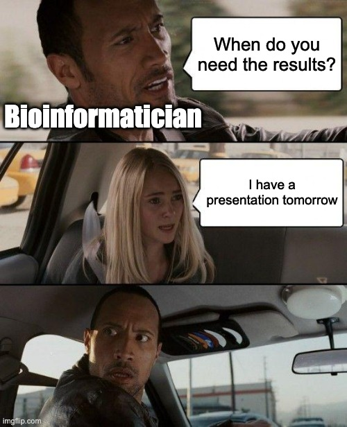 1/"I have a presentation tomorrow."
If you've ever collaborated with wet lab scientists as a bioinformatician…
you’ve heard this. And died inside a little.