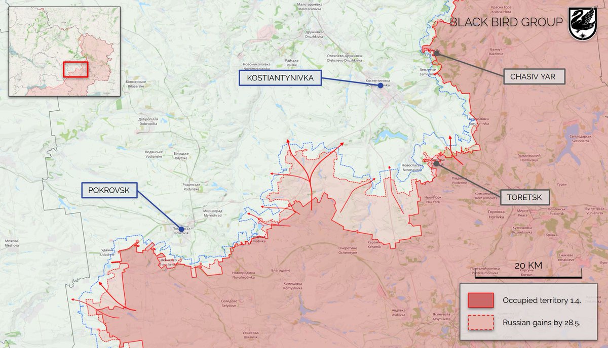 During April and May, the Russians formed a dangerous salient against the Ukrainian defenses between Kostiantynivka and Pokrovsk.

The so-called spring offensive has progressed relatively quickly, and the situation can develop into a serious issue in the near future. 1/