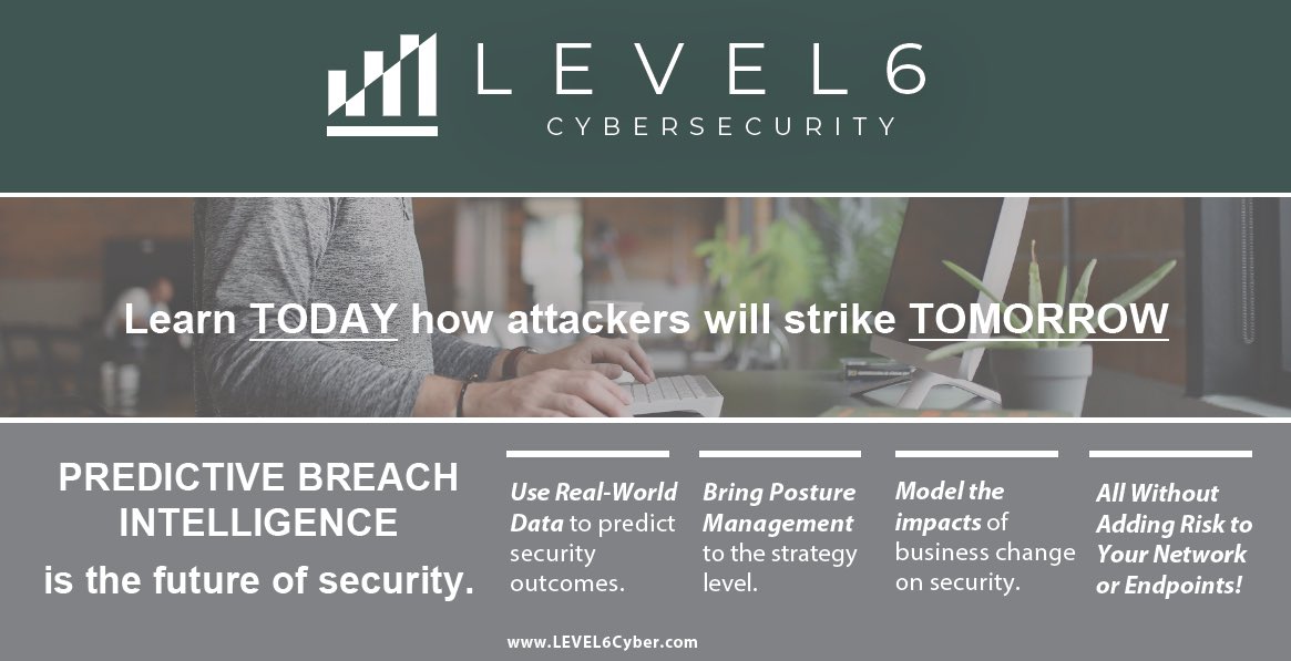 LEVEL 6 Cybersecurity (@level6cyber) on Twitter photo Cybersecurity risk has risen to levels never seen before. But never before has data technology been so up to the challenge.
PREDICTIVE BREACH INTELLIGENCE is the future. And you can access it now.
Want to learn more? Ping our CEO <a href="/kevinj_cyber1/">Kevin E. Jackson</a> or email info@level6cyber.com Cybersecurity risk has risen to levels never seen before. But never before has data technology been so up to the challenge.
PREDICTIVE BREACH INTELLIGENCE is the future. And you can access it now.
Want to learn more? Ping our CEO <a href="/kevinj_cyber1/">Kevin E. Jackson</a> or email info@level6cyber.com