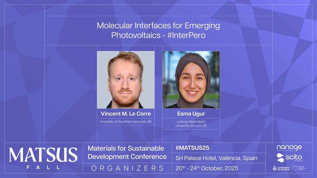 📢 Abstract call for #InterPero at #MATSUS2025 in Valencia 🇪🇸 (Oct 20–24)!

Focus: Molecular Interfaces for Emerging Photovoltaics

🗓 Oral: June 27
🗓 Poster: Sept 22
Join us!
🔗 lnkd.in/eCf2NMTJ
#Perovskite #SolarEnergy #Photovoltaics
