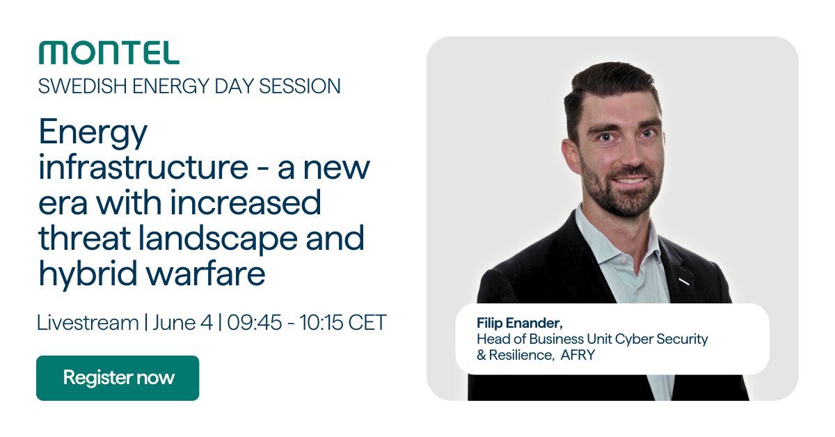 Join Filip Enander, Head of Business Unit Cyber Security &amp; Resilience at AFRY, for a free livestream session at our Swedish Energy Day conference.

📅 June 4

🕘 09:45 - 10:15 CET

💻 Online – free to join

As cyber threats evolve and hybrid warfare tactics intensify, our energy