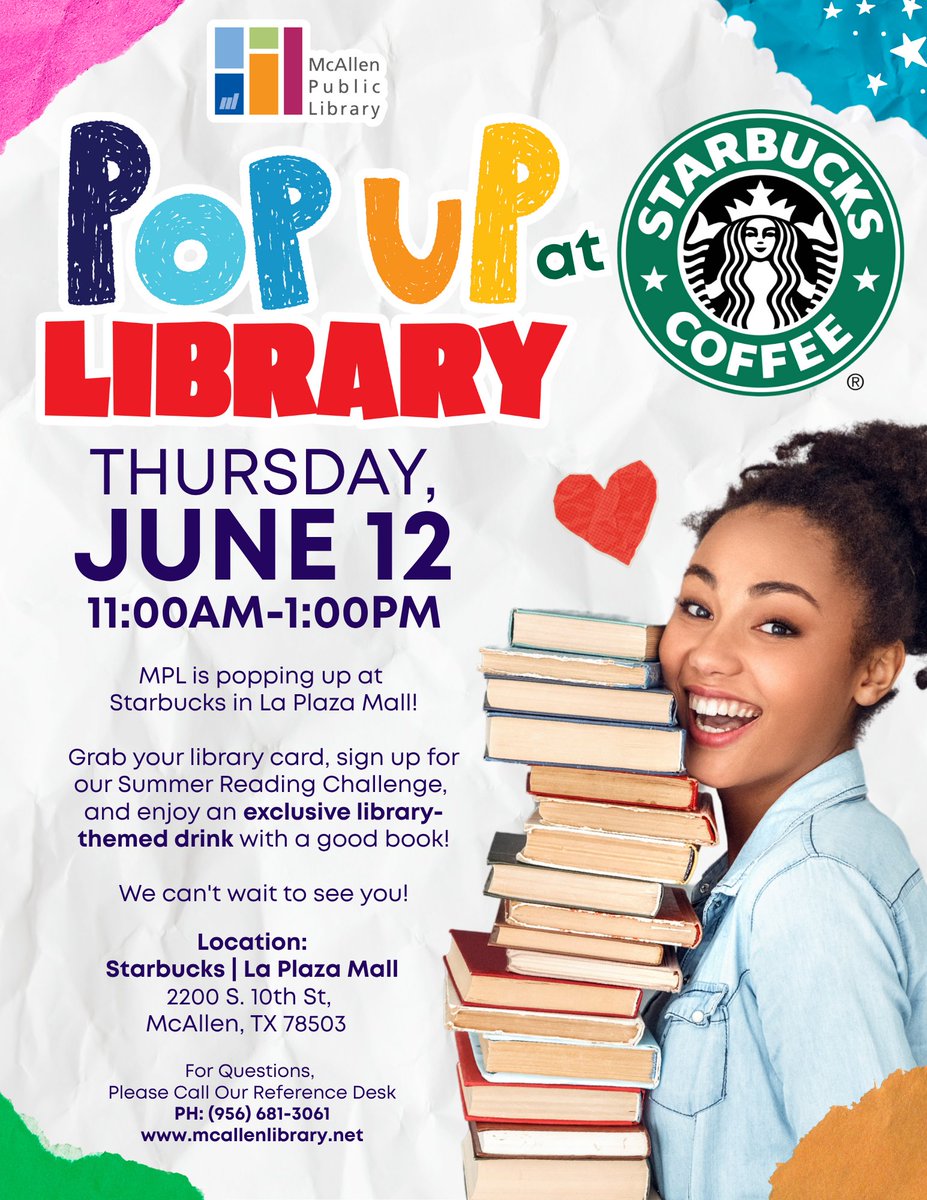 MPL's popping up at Starbucks (La Plaza Mall) on Thu, Jun 12, 11AM-1PM! Swing by to sign up for a library card, register for the Summer Reading Challenge, and sip on a special, library-themed drink created just for the occasion. It's a perfect blend of books and coffee!