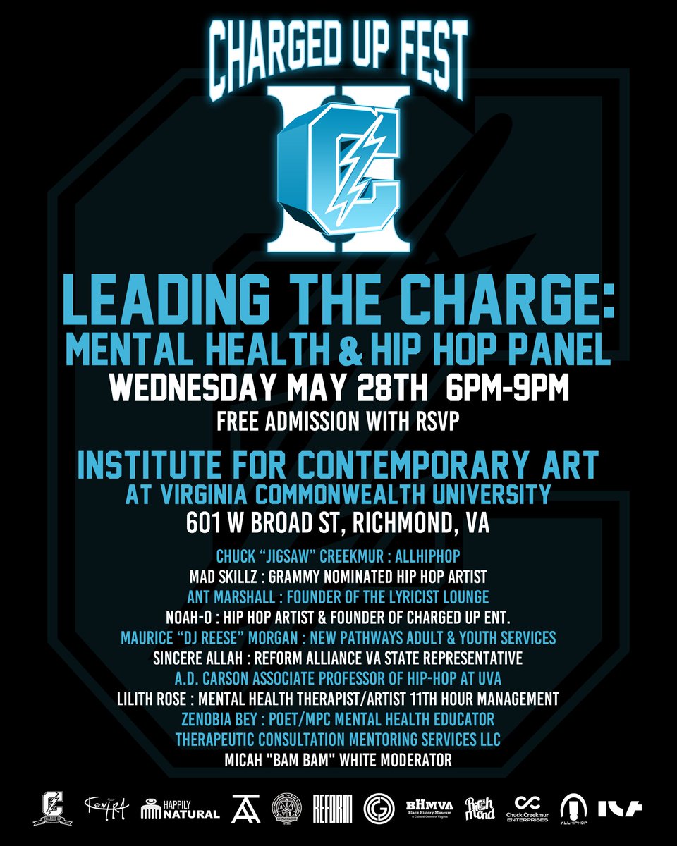 chrgdupent's tweet image. Charged Up Fest Day 2 ⚡
Leading the Charge: Mental Health &amp;amp; Hip Hop Panel
🗓️ Tonight | 🕕 6–9PM
📍 ICA at VCU | 601 W Broad St, RVA
🎟️ FREE — RSVP now: chargedupent.com
#ChargedUpFest #MentalHealth #HipHop #RVA