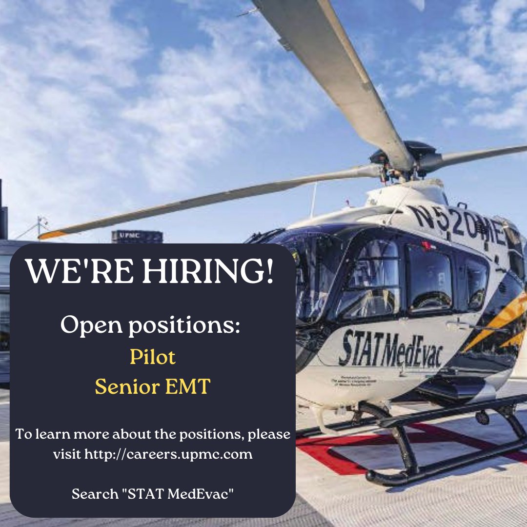 NOW HIRING! 🚁 You can find all the details about the open positions on the UPMC Careers website.

#NowHiring #OpenPositions #STATMedEvac