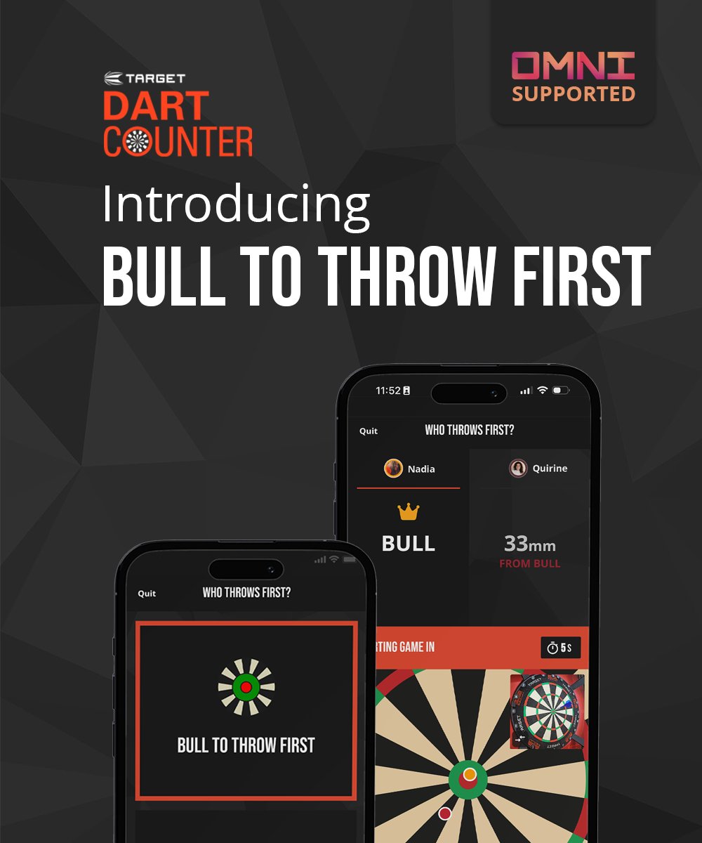 Bull to throw first!🔥 You asked, we listened - new ways to decide who starts. Throw for the bull and earn the first turn, or let a coin toss decide. Playing with 3+ players? Spin the wheel for a random start. Available for all, with or without Omni. #GameOn #Darts #Bullseye