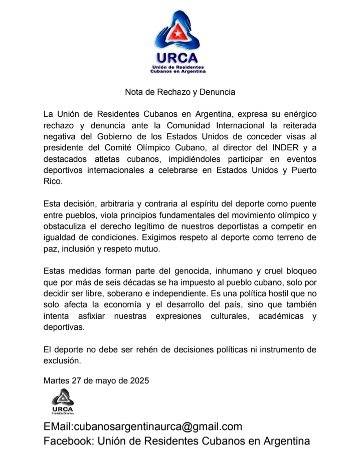 Consulado Cuba-ARG (@consulcuba_arg) on Twitter photo La Unión de Residentes Cubanos en Argentina, URCA, expresa su rechazo a las acciones excluyentes contra nuestro pueblo, en áreas como el deporte, la ciencia y la cultura, que también constituyen manifestaciones del #BloqueoGenocida.
#TumbaElBloqueo La Unión de Residentes Cubanos en Argentina, URCA, expresa su rechazo a las acciones excluyentes contra nuestro pueblo, en áreas como el deporte, la ciencia y la cultura, que también constituyen manifestaciones del #BloqueoGenocida.
#TumbaElBloqueo