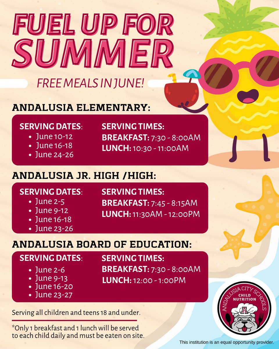 Get your taste buds ready—our summer meal lineup is here! 🌞🍽️ Swing by for fresh, free eats all season long for kids and teens 18 and under!

<a href="/AndalusiaCS/">Andalusia City Schools</a> #ALschools #AndalusiaCity #Covingtoncounty #CovingtonAlabama #CovingtonAL #ThatsWhy <a href="/andalusia_high/">Andalusia High School</a>