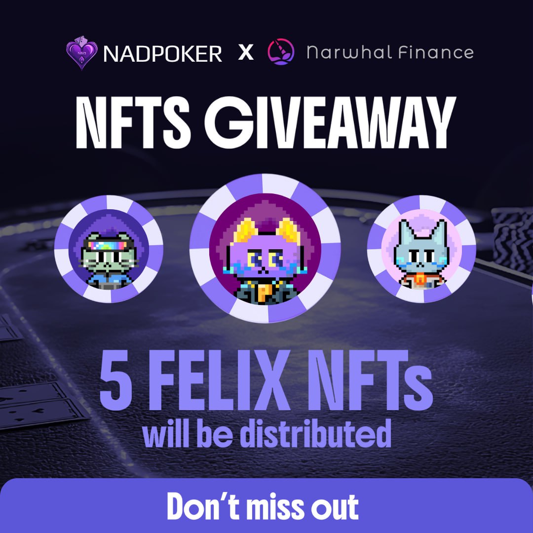 🎁 Our friends at @Nad_Poker are launching their first NFT collection: FELIX  
To celebrate, we’re giving away 5 FELIX NFTs – your access key to create poker tournaments on NadPoker!

🎯 How to join: 
1/ Like + RT this post
2/ Follow @Nad_Poker &amp; @Narwhal_Finance  
3/ Join