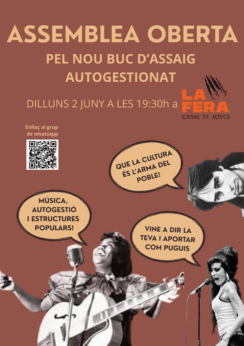 NOU BUC D'ASSAIG AUTOGESTIONAT ✨

Dilluns 2 juny començarem a posar mans i ments per fer realitat un buc d'assaig autogestionat a Sant Celoni🎶🎸🎺🎹🪈🎻🥁

Ens veiem 19:30h a la Fera, participació oberta a totes les  que tinguin ganes d'aportar 🙌