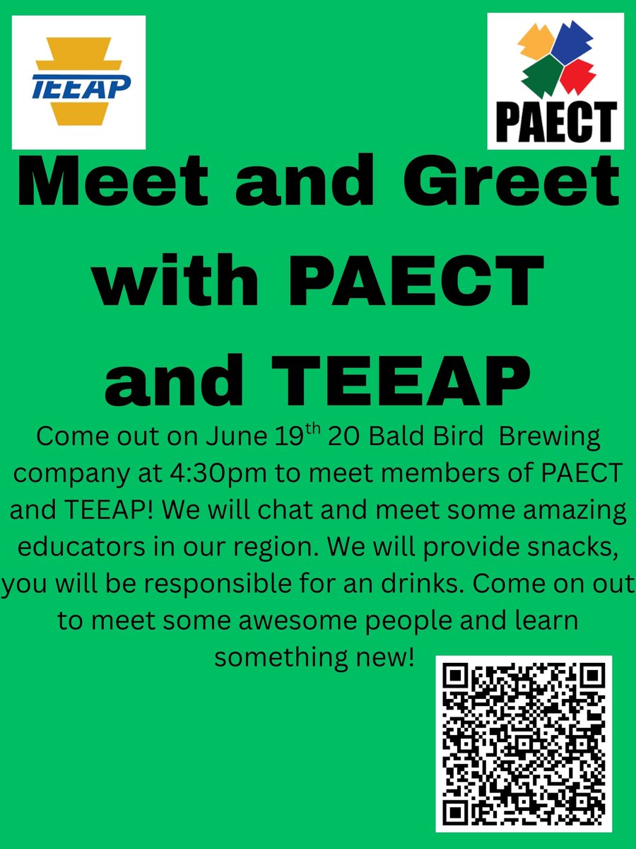Meet &amp; Greet with PAECT and TEEAP!

📅 June 19th
📍 20 Bald Bird Brewing Company
🕟 4:30 PM

Connect with fellow educators in the region, enjoy snacks, and discover new ideas. Let’s build community, share stories, and have some fun!

Scan the QR code for details — don’t miss out!